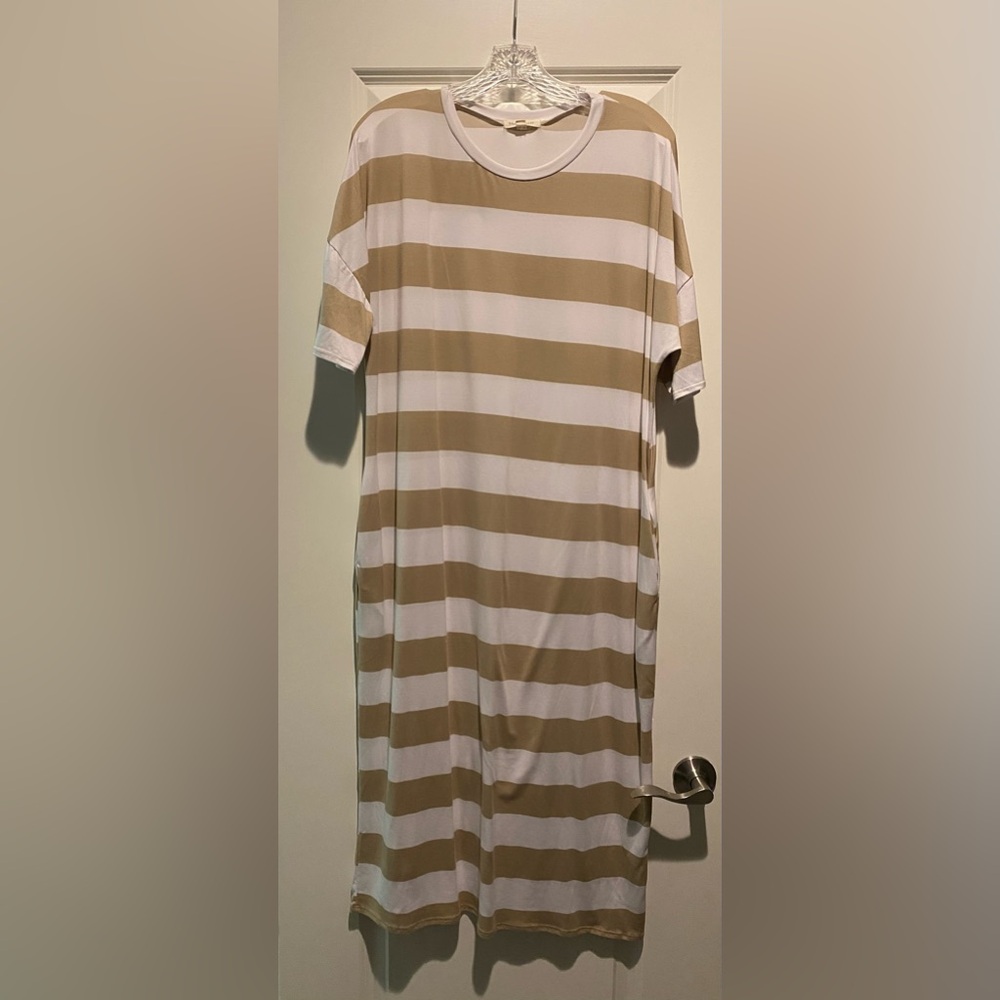 Shop Stevie striped maxi dress. Size L. Cream and tan. Barely worn, like new!